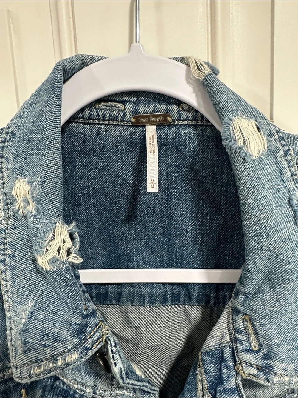 Free People Blue Denim Jacket with Gray Knit Sleeves - Picture 4 of 6